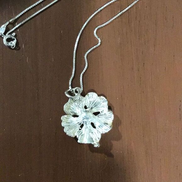 Necklace, Hibiscus Flower Sterling Silver Pendant, 18", NEW, Handmade, Artisan - Picture 3 of 5